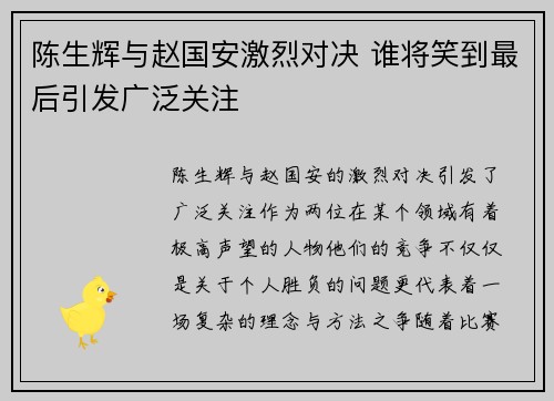 陈生辉与赵国安激烈对决 谁将笑到最后引发广泛关注